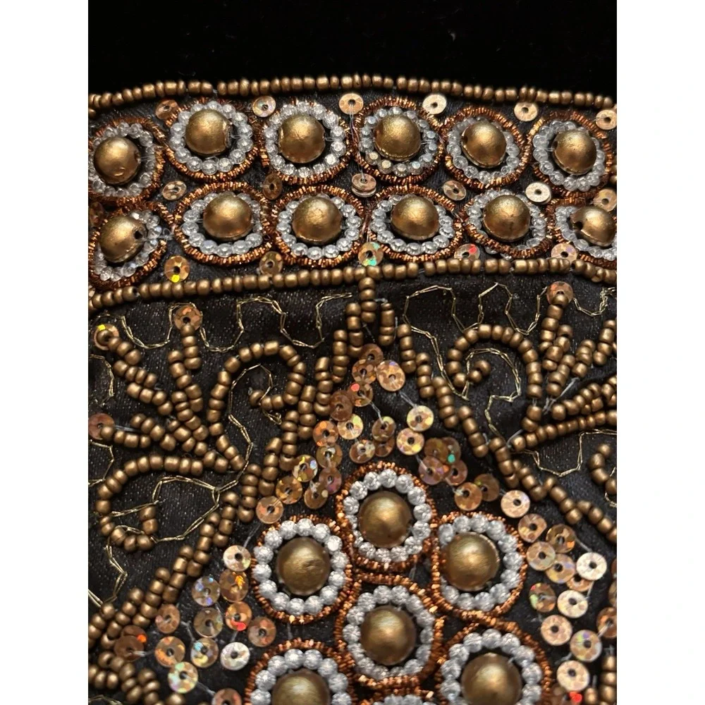 Black Gold Beaded Sequin Coin Wallet Clutch Folding Snap Closure Embroidered[A3]